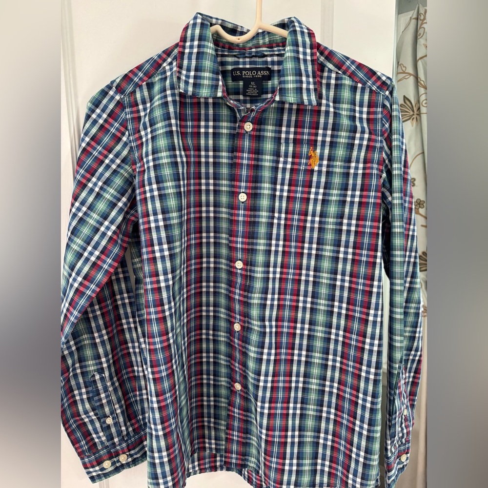 U.S. Polo Assn Boys Button Down Blue/Red Plaid Shirt XL